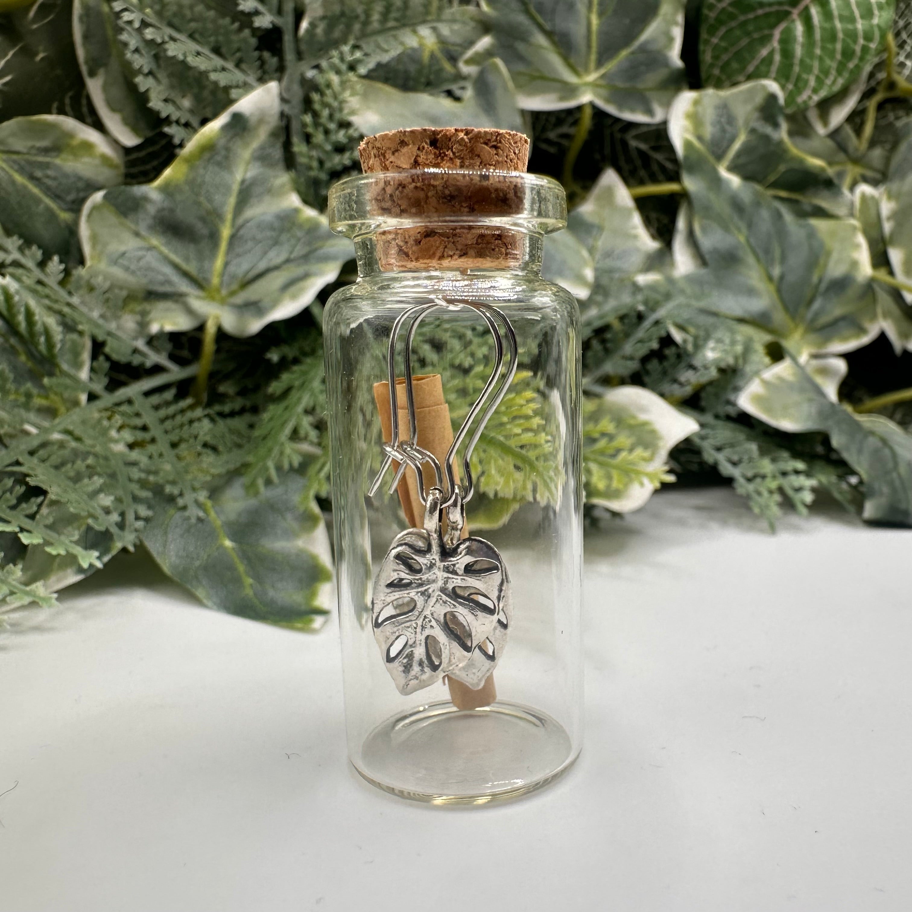 Monstera leaf bottled charm earrings, gift boxed — Rebel Aura handmade jewellery
