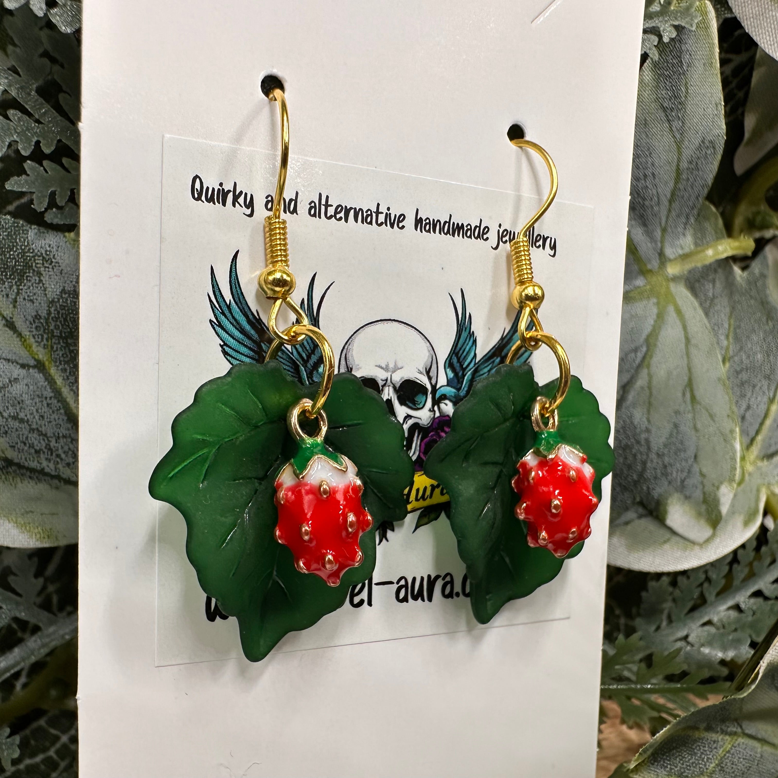 Leafy Strawberry Charm Earrings