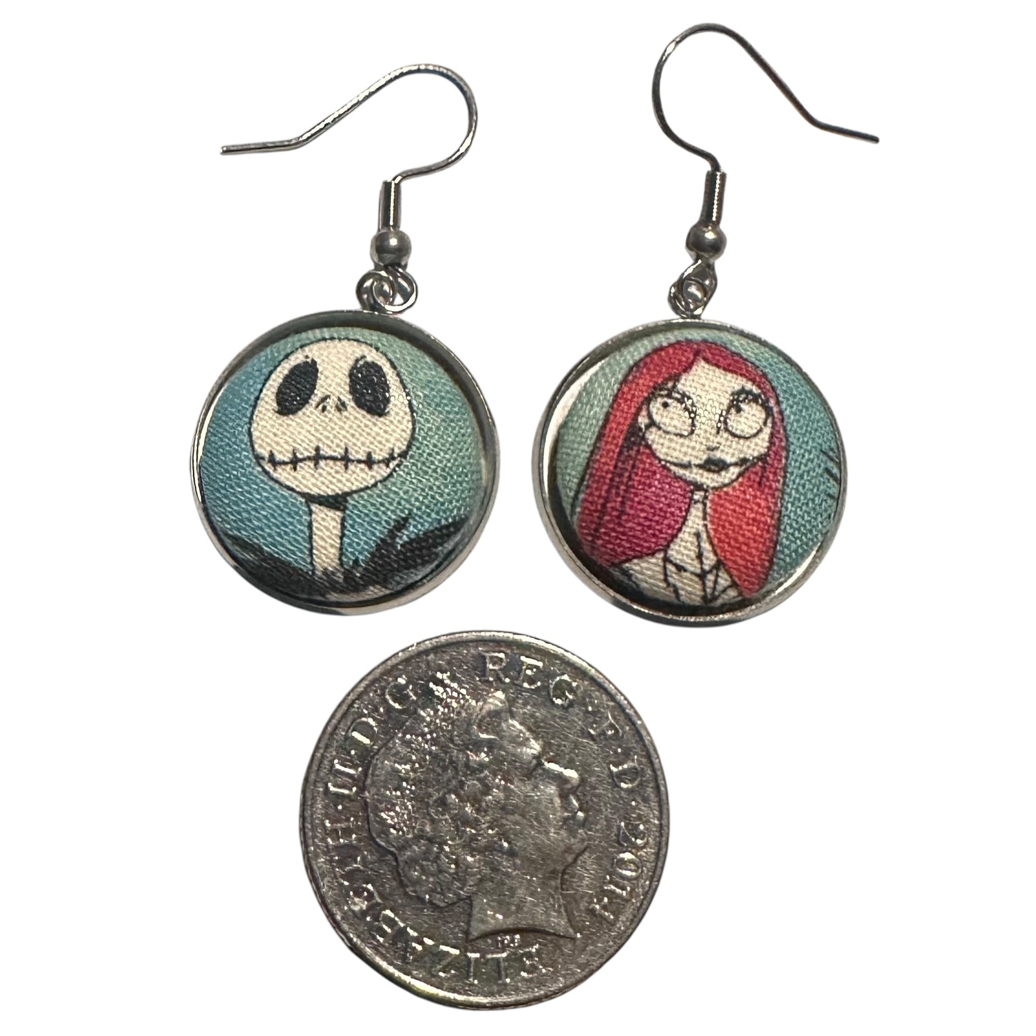 Jack & Sally Nightmare Before Christmas Small Dangly Button Earrings