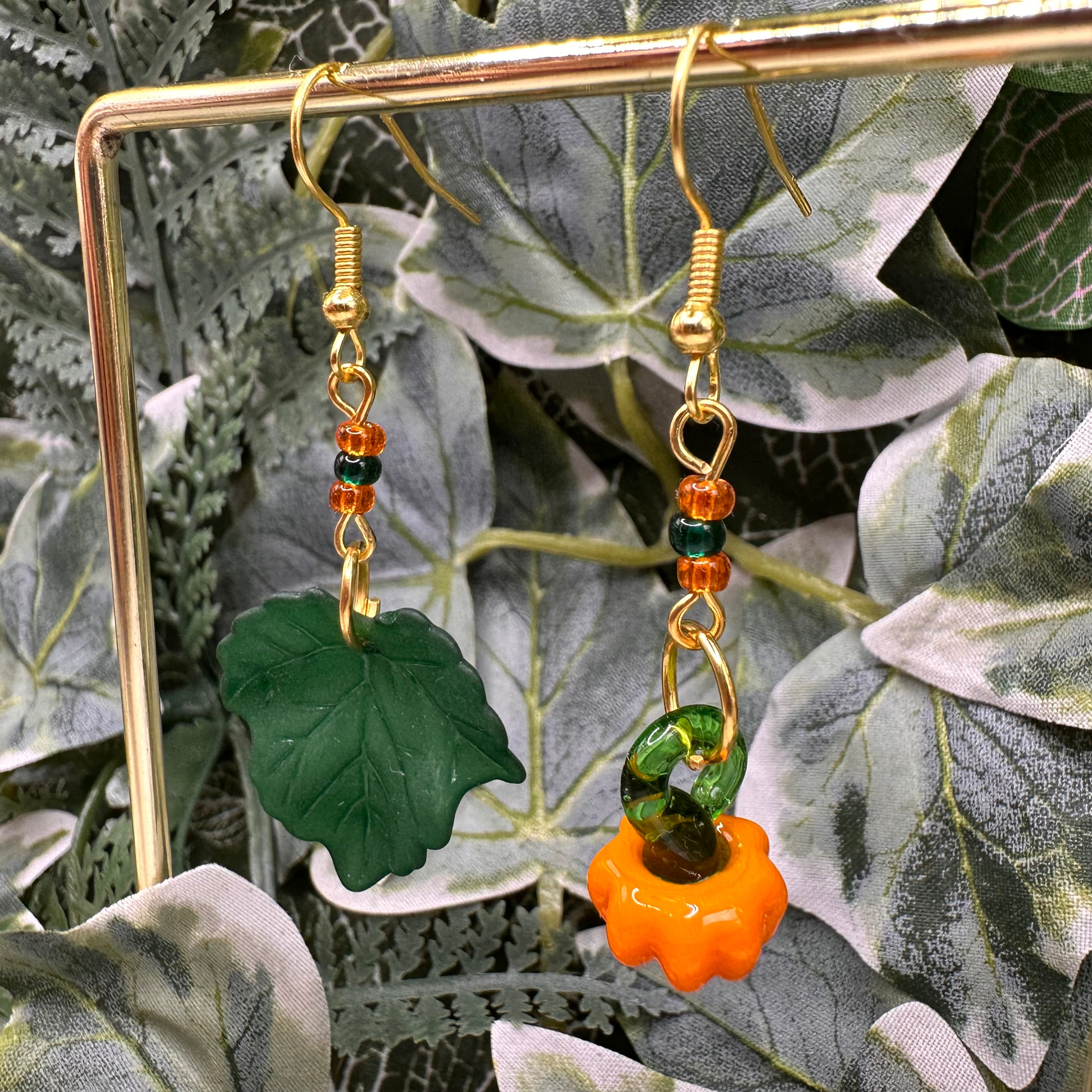 Glass Pumpkin & Green Leaf Beaded Charm Earrings