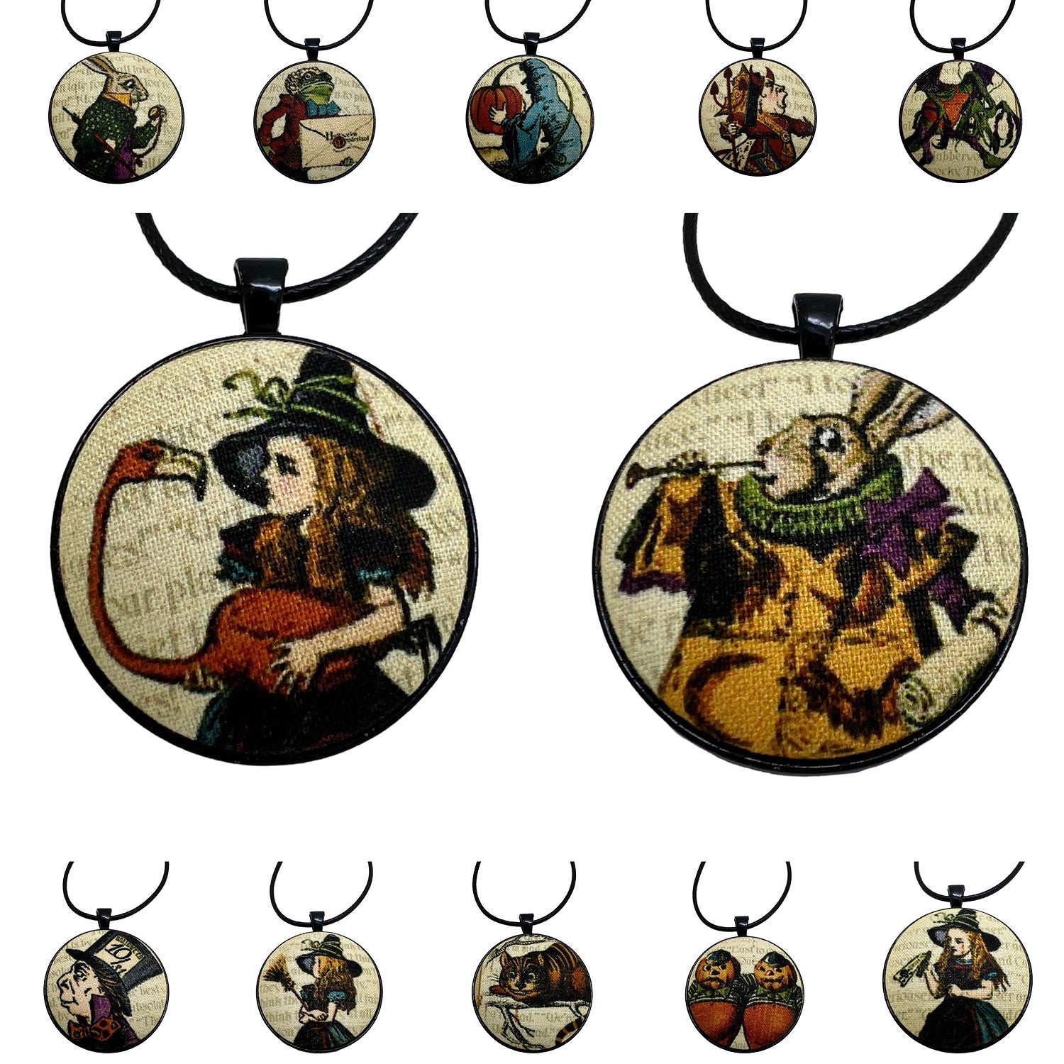 Vintage Alice in Wonderland fabric button necklace — Rebel Aura handmade jewellery