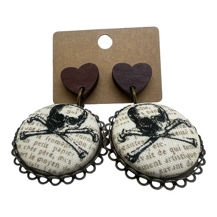 Skull Scroll - Fabric Button Drop Earrings