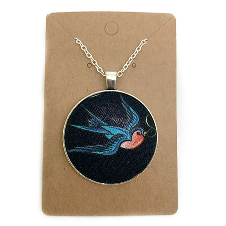 Rockabilly swallows fabric button necklace — Rebel Aura handmade jewellery