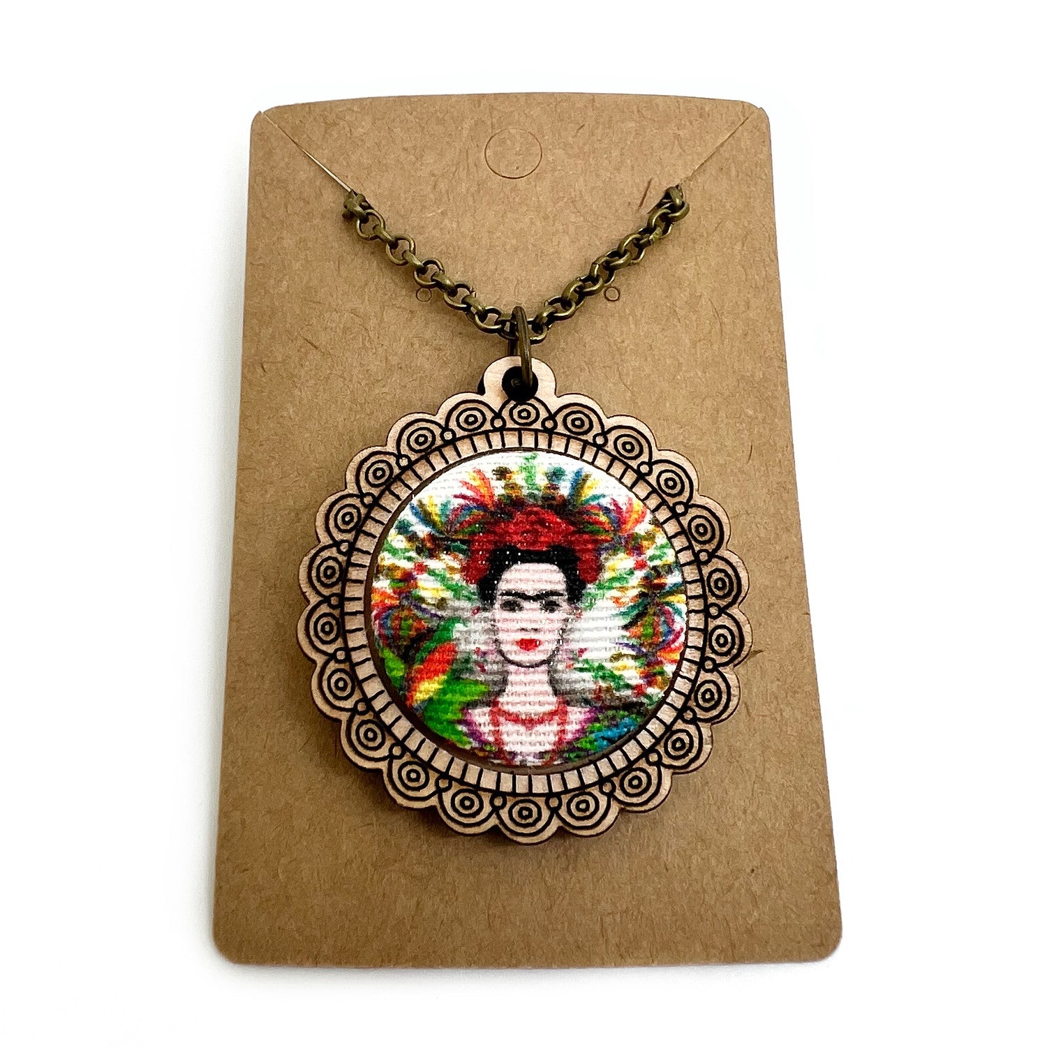 Frieda Kahlo White Background - Wood Frame Necklace