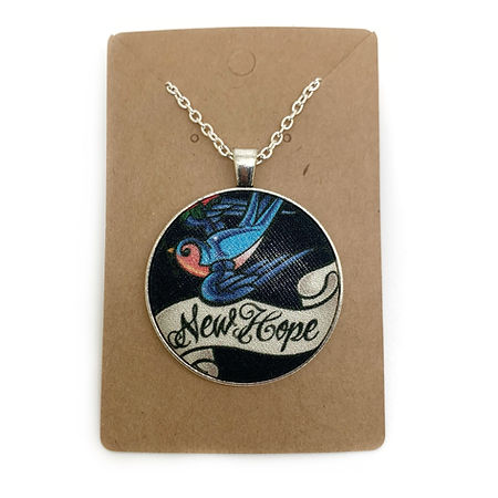 Rockabilly swallows fabric button necklace — Rebel Aura handmade jewellery