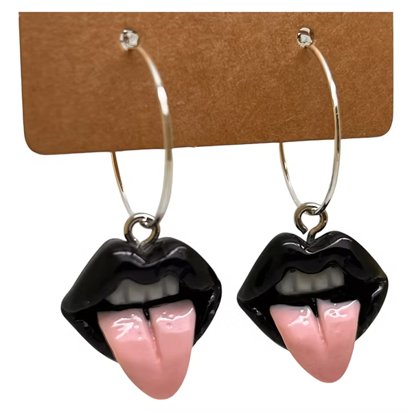 Black Lips Tongue Out Charm Earrings
