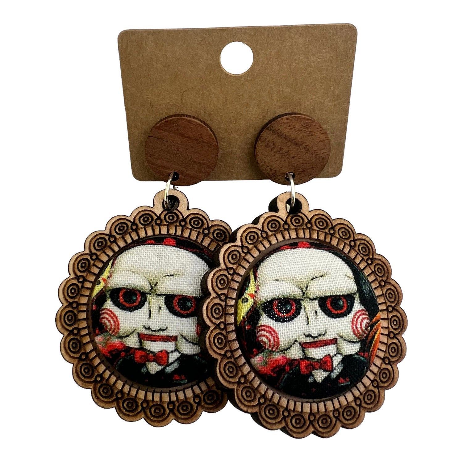 Billy Saw Horror Wood & Fabric Button Earrings