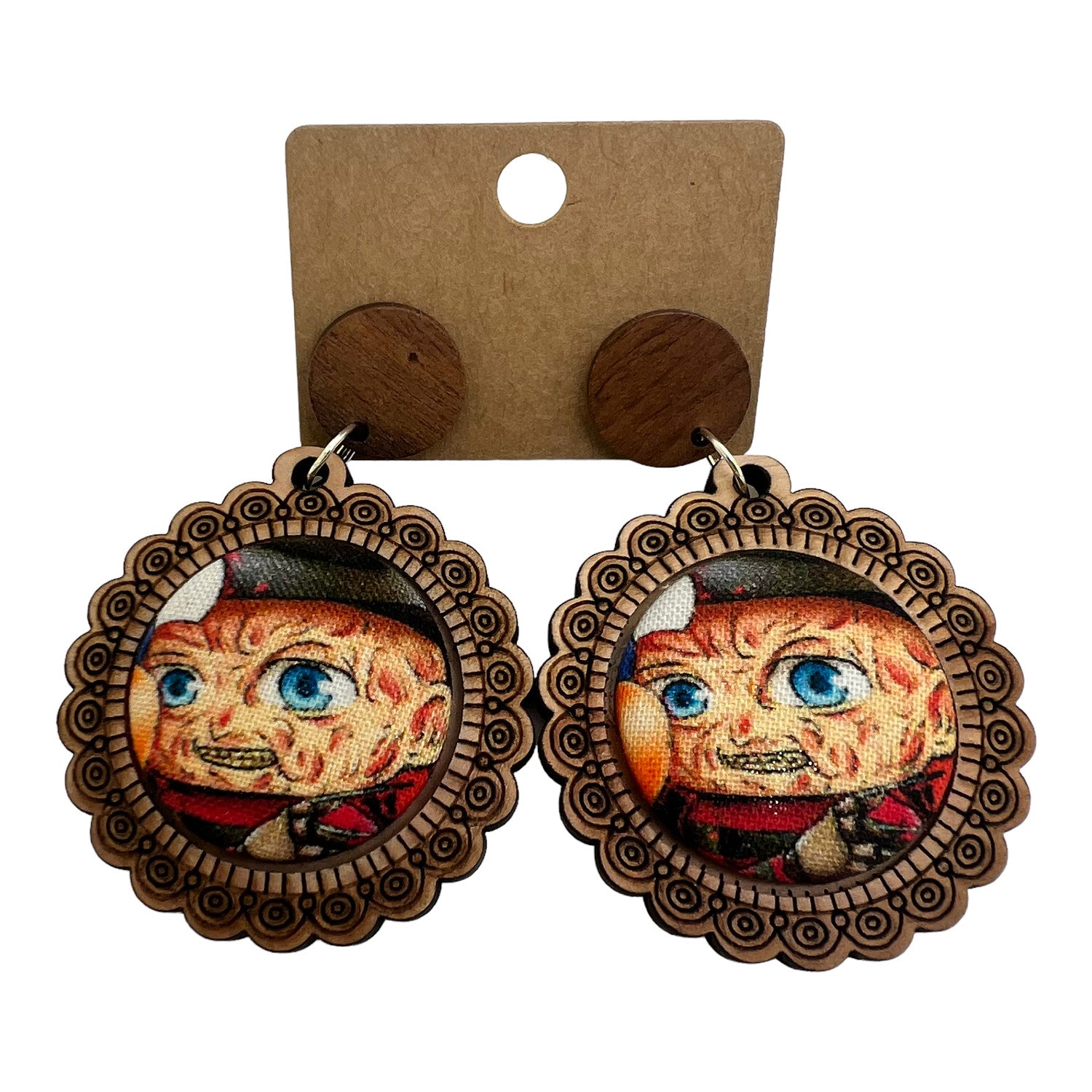Freddy Krueger Horror Wood & Fabric Button Earrings