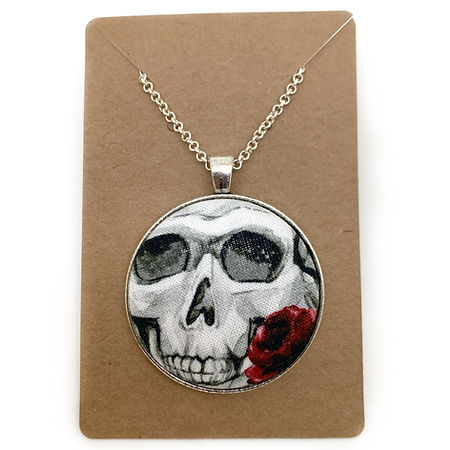Skull and rose fabric button necklace — Rebel Aura handmade jewellery