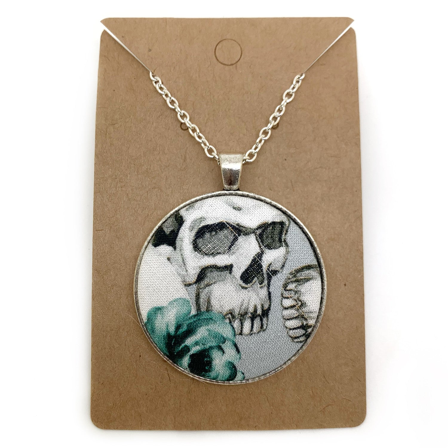 Skull and rose fabric button necklace — Rebel Aura handmade jewellery