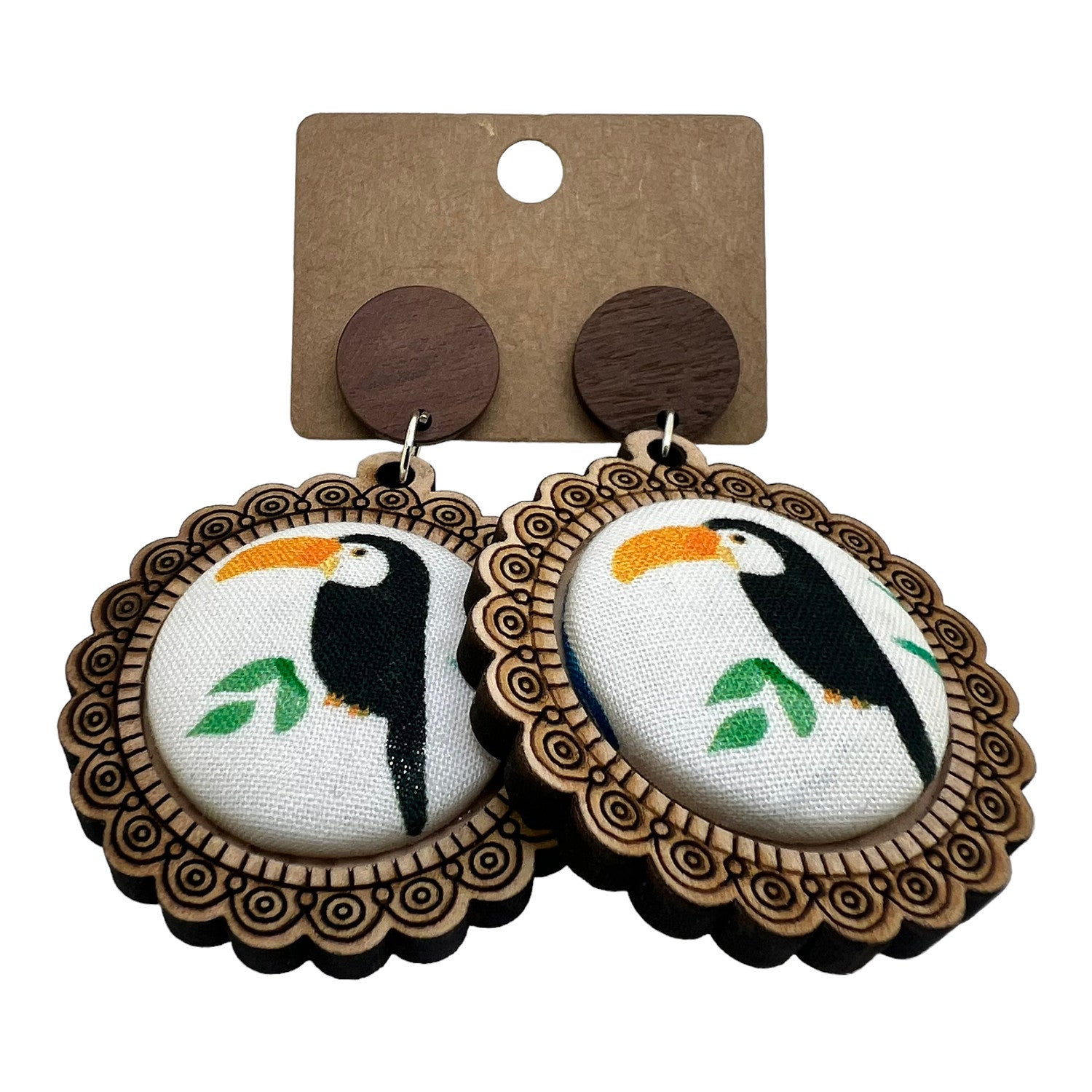 Toucan Wood & Fabric Button Earrings