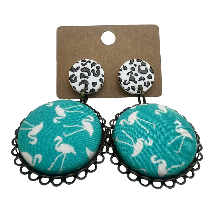 Teal Flamingo Print Fabric Button Drop Earrings