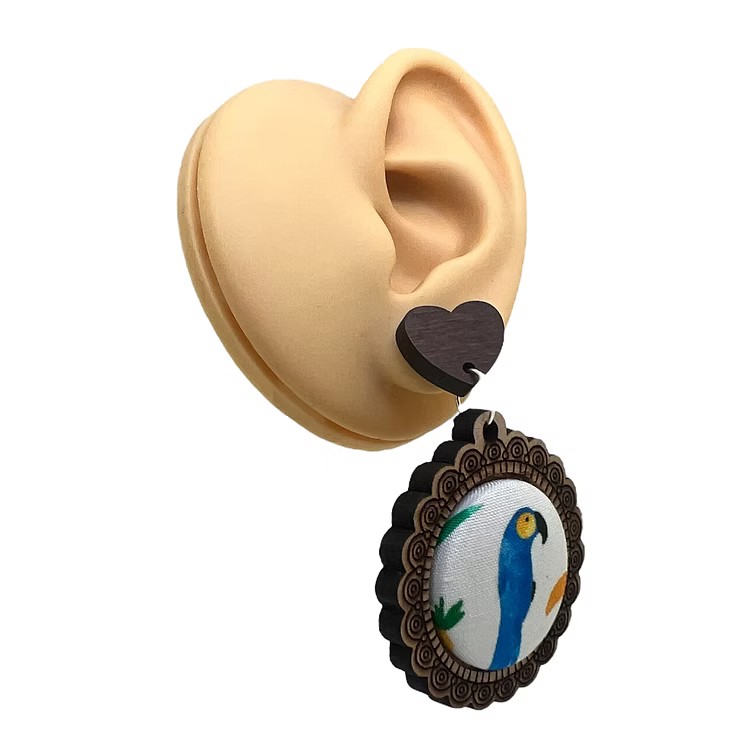 Blue Parrot Wood & Fabric Button Earrings