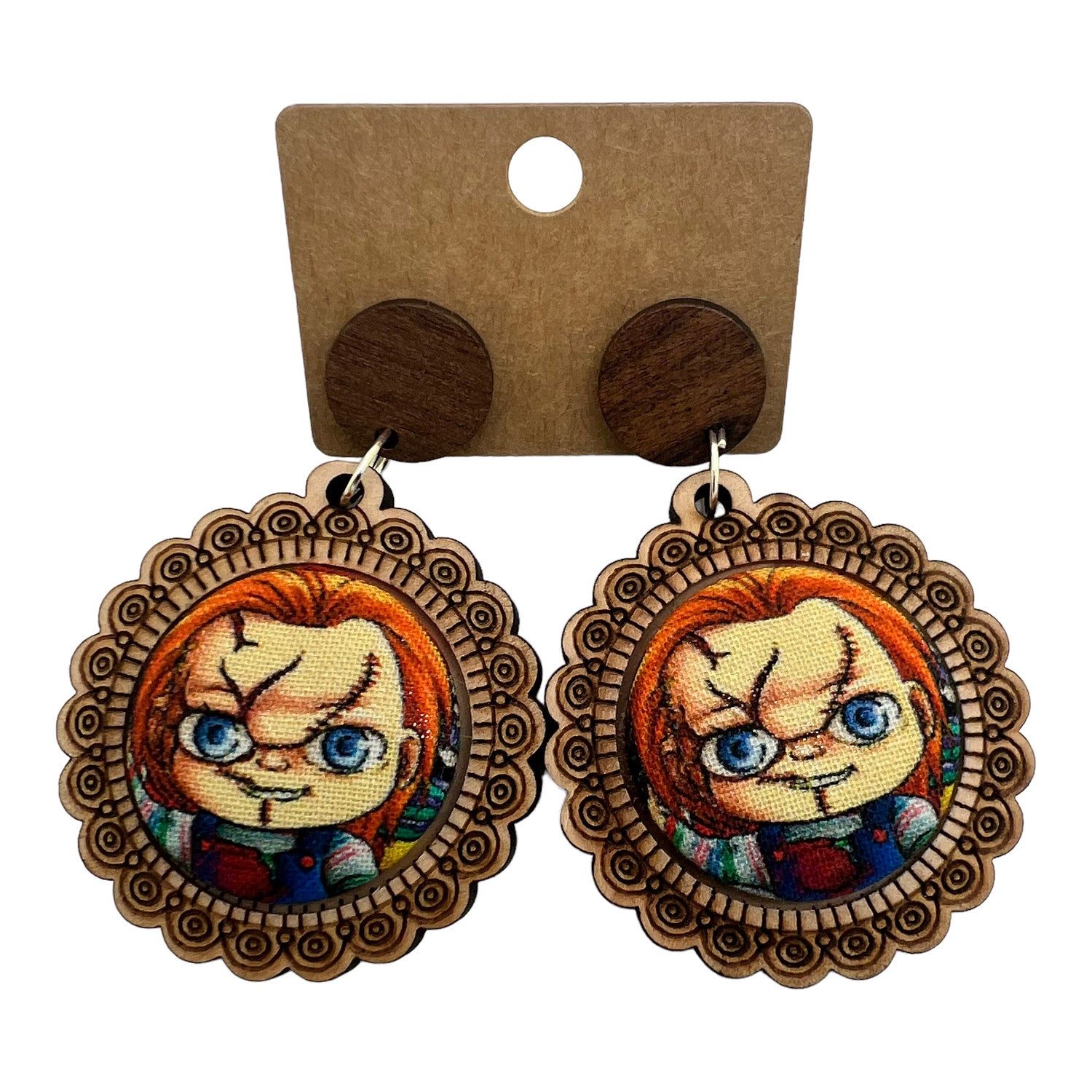 Chucky Horror Wood & Fabric Button Earrings