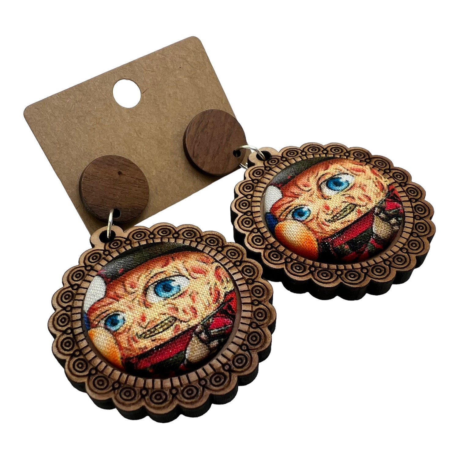 Freddy Krueger Horror Wood & Fabric Button Earrings
