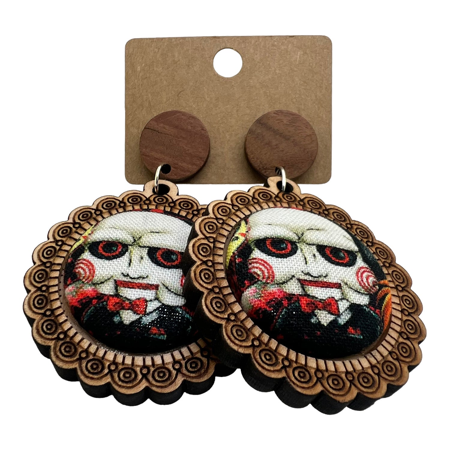 Billy Saw Horror Wood & Fabric Button Earrings