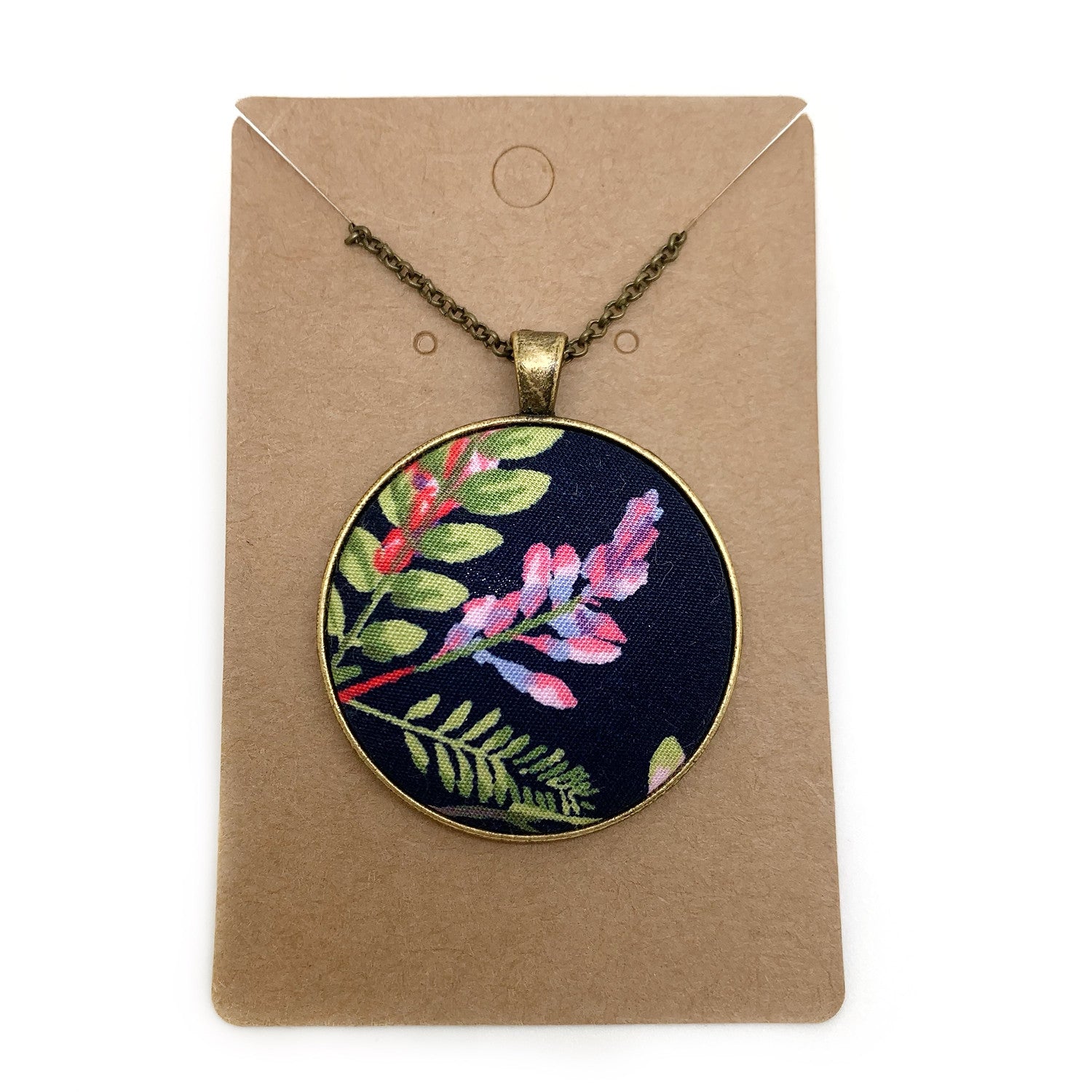 Navy floral fabric button necklace — Rebel Aura handmade jewellery