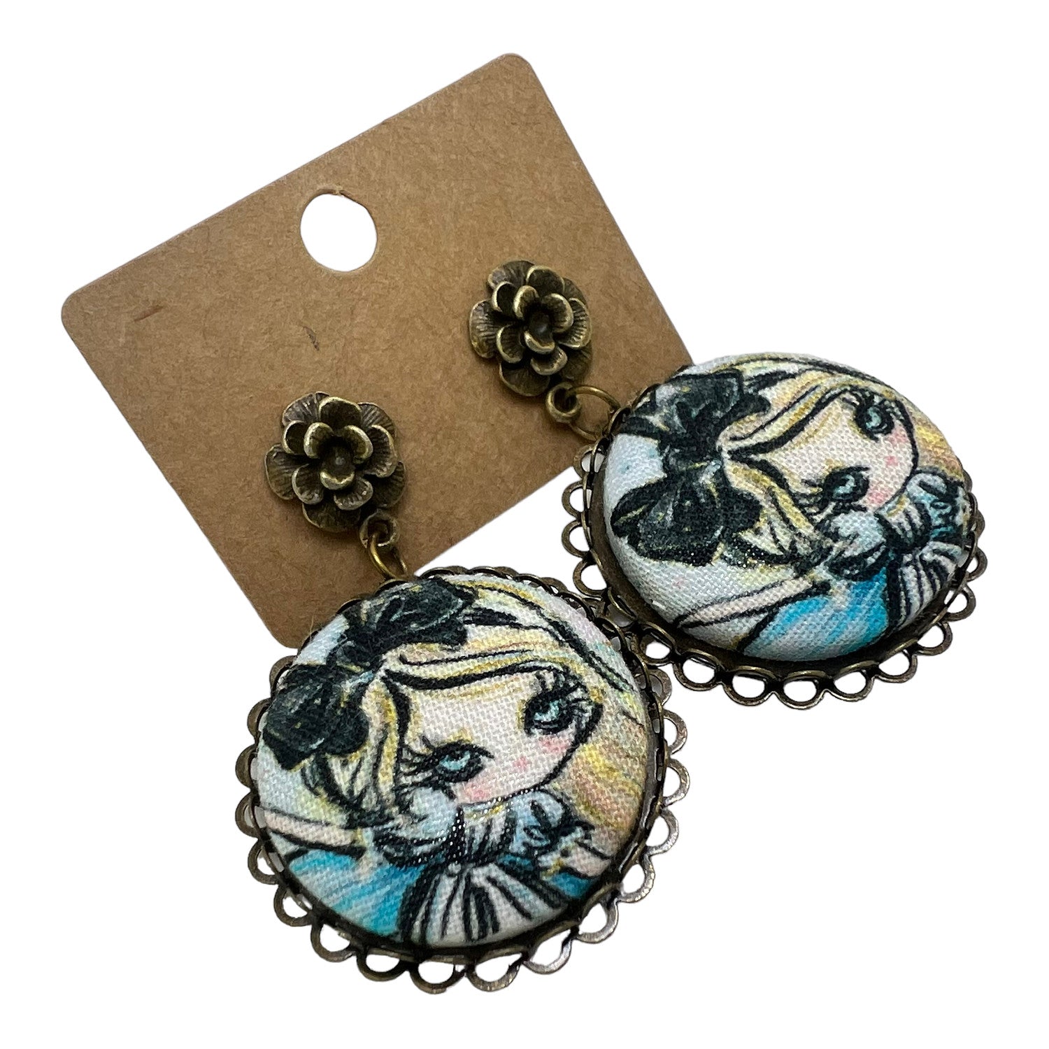 Alice In Wonderland - Fabric Button Drop Earrings On Rose Studs
