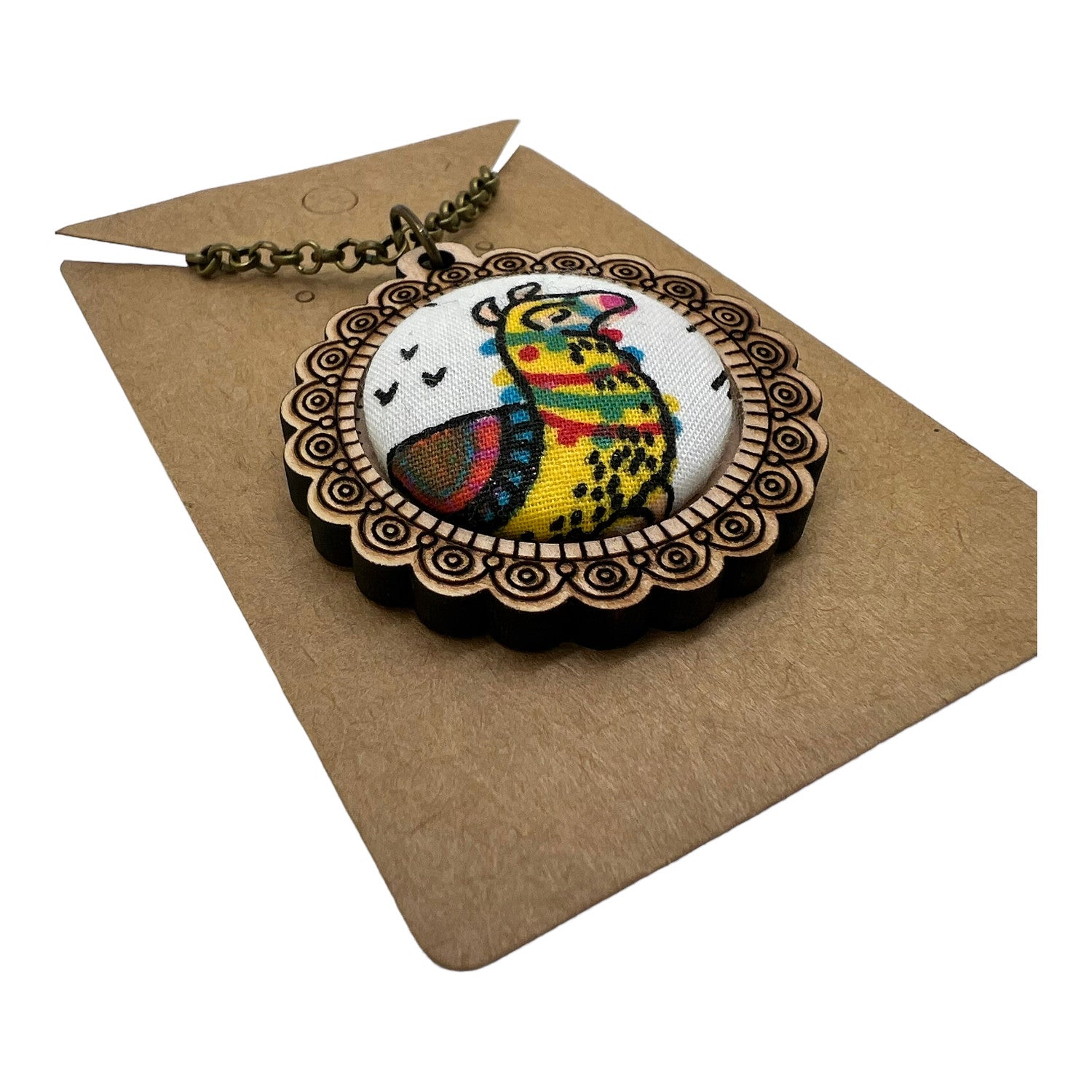 Yellow llama wood frame necklace — Rebel Aura handmade jewellery