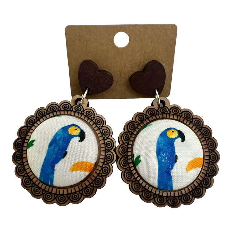 Blue Parrot Wood & Fabric Button Earrings