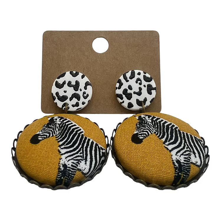 Mustard Zebra Fabric Button Drop Earrings