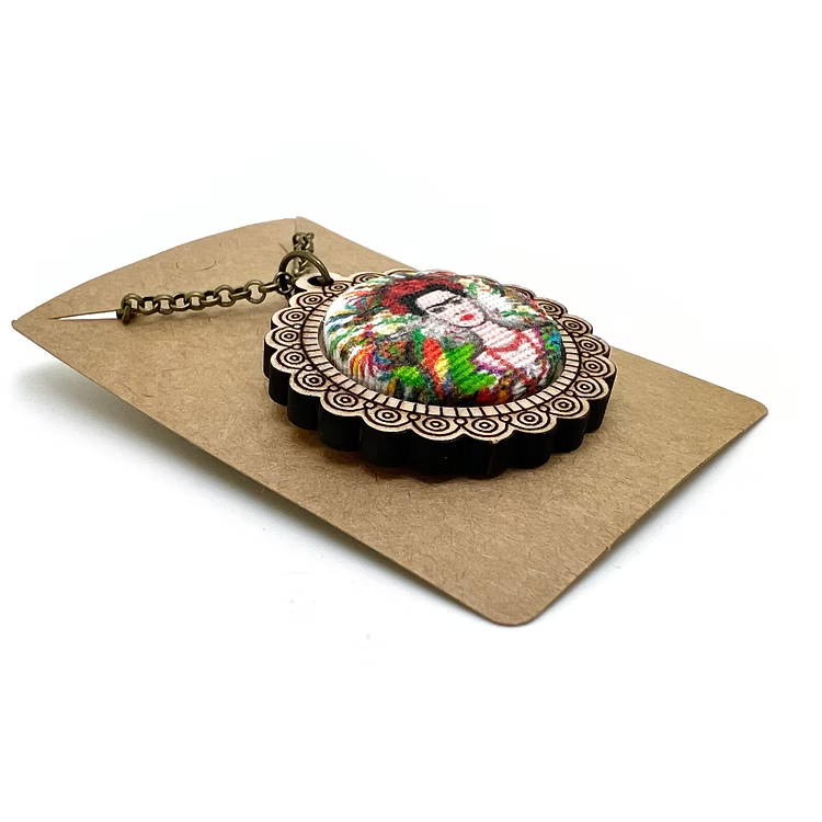 Frieda Kahlo White Background - Wood Frame Necklace
