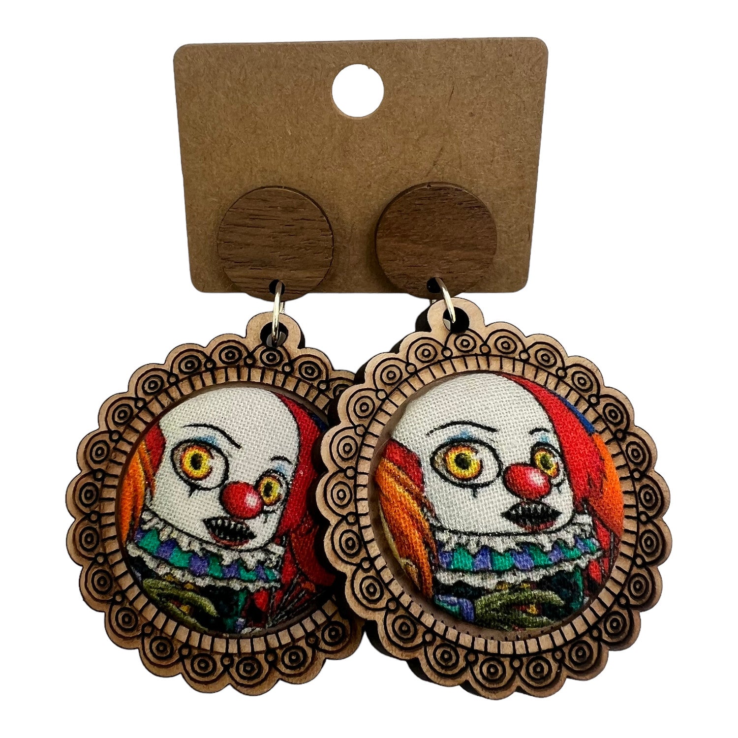 IT Clown Horror Wood & Fabric Button Earrings