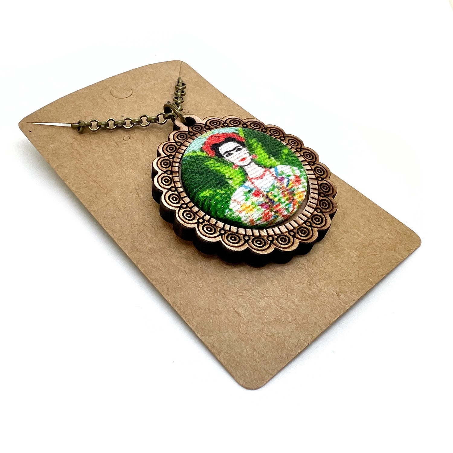 Frida Kahlo green background wood frame necklace — Rebel Aura handmade jewellery