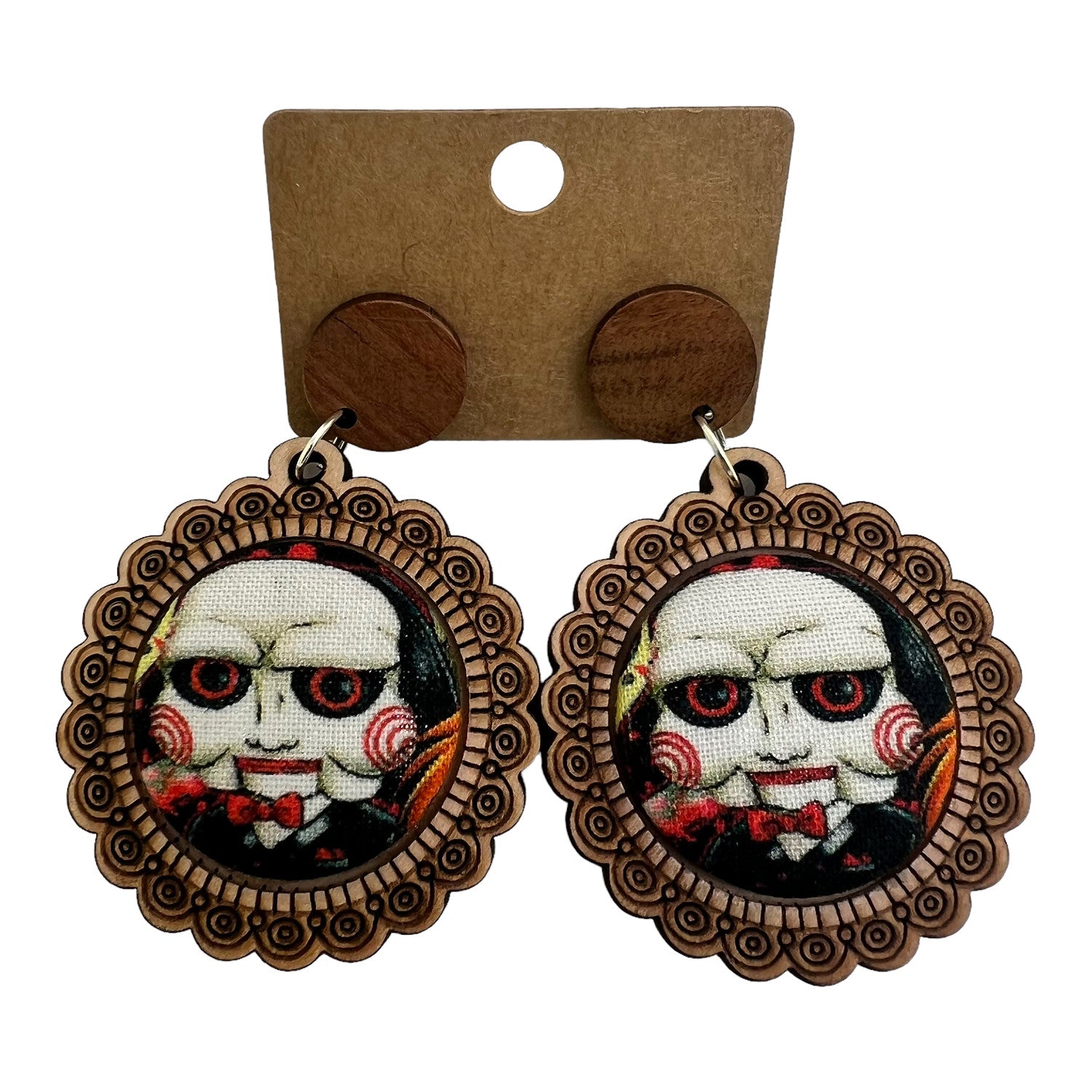 Billy Saw Horror Wood & Fabric Button Earrings