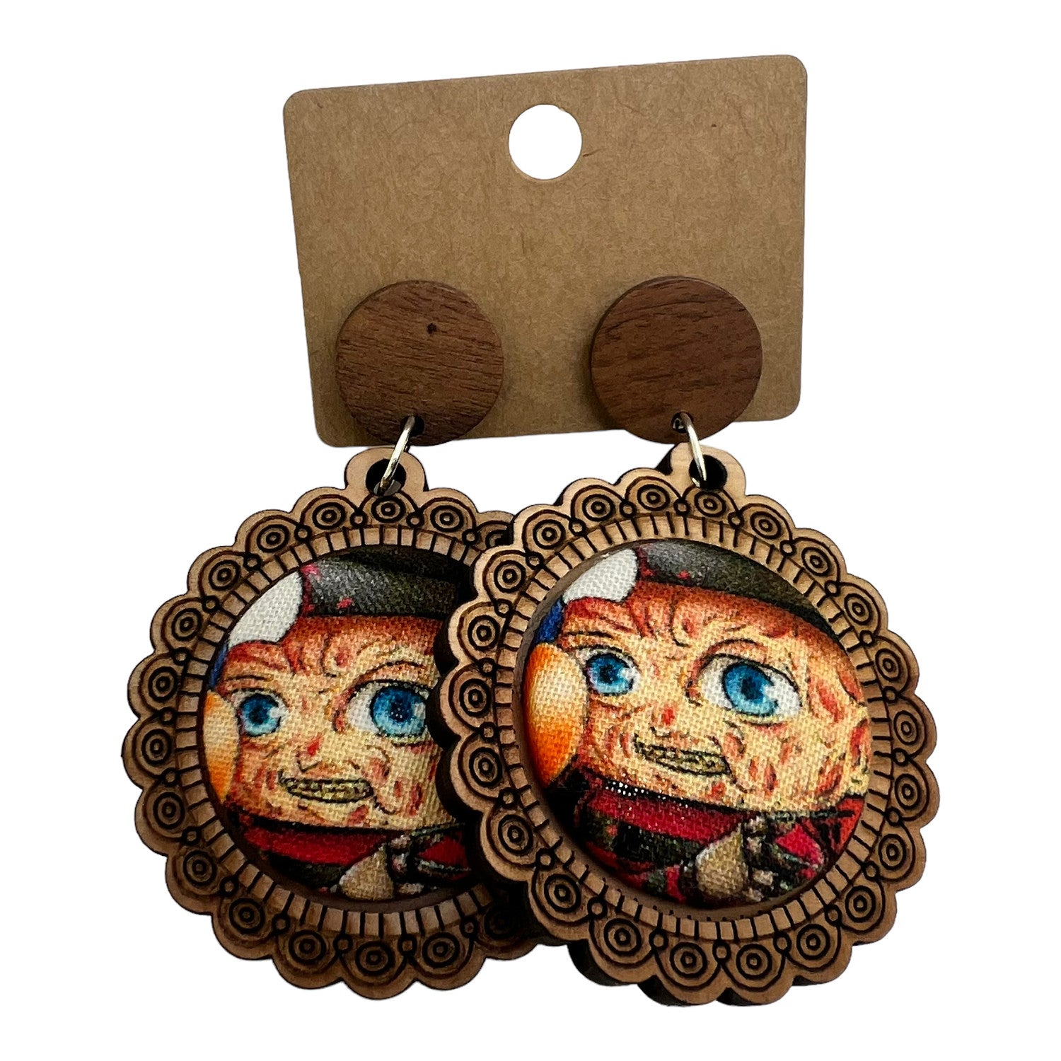 Freddy Krueger Horror Wood & Fabric Button Earrings