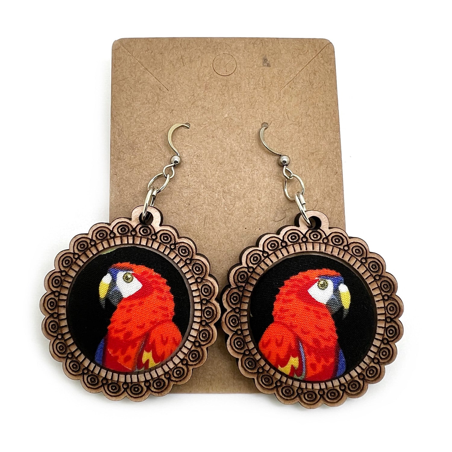 Red Parrot Wood & Fabric Button Hook Earrings