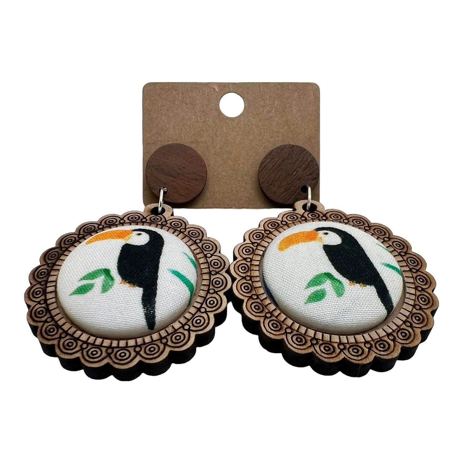 Toucan Wood & Fabric Button Earrings