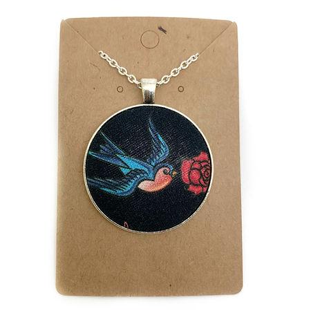 Rockabilly swallows fabric button necklace — Rebel Aura handmade jewellery