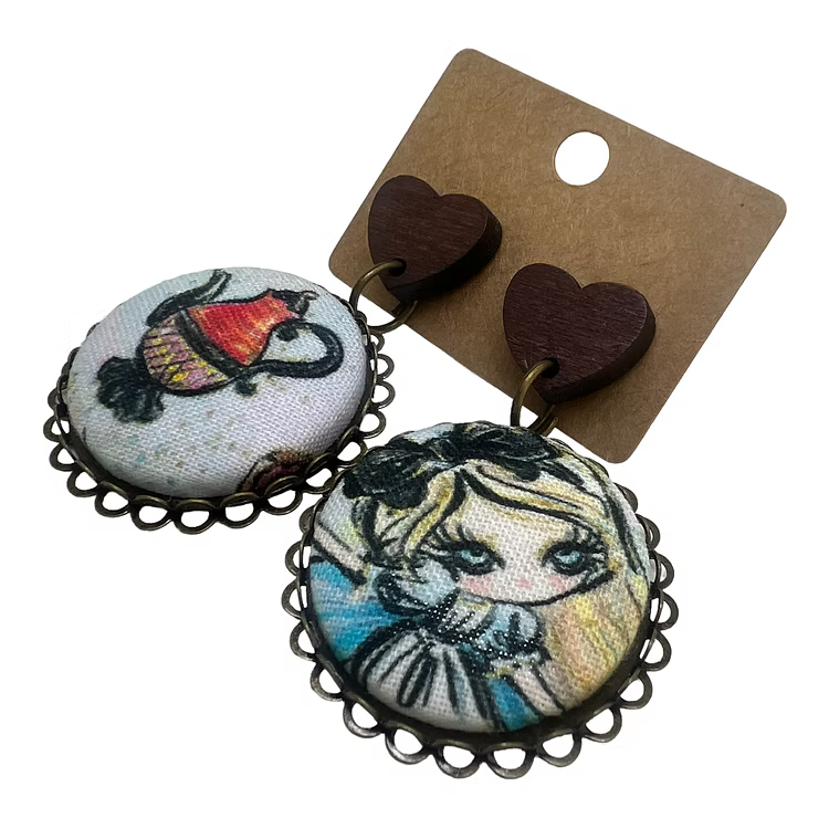 Alice & Wonderland Teapot - Fabric Button Drop Earrings