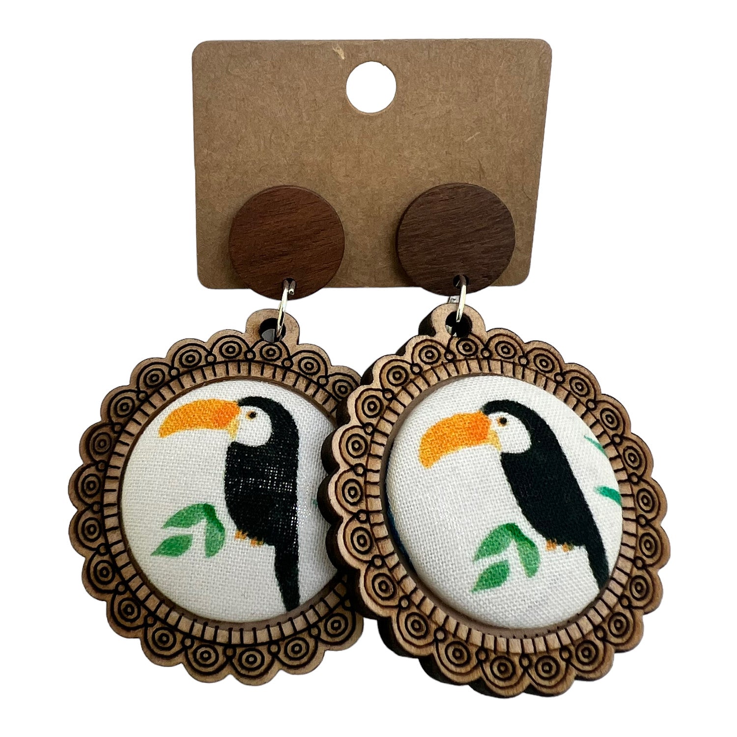Toucan Wood & Fabric Button Earrings