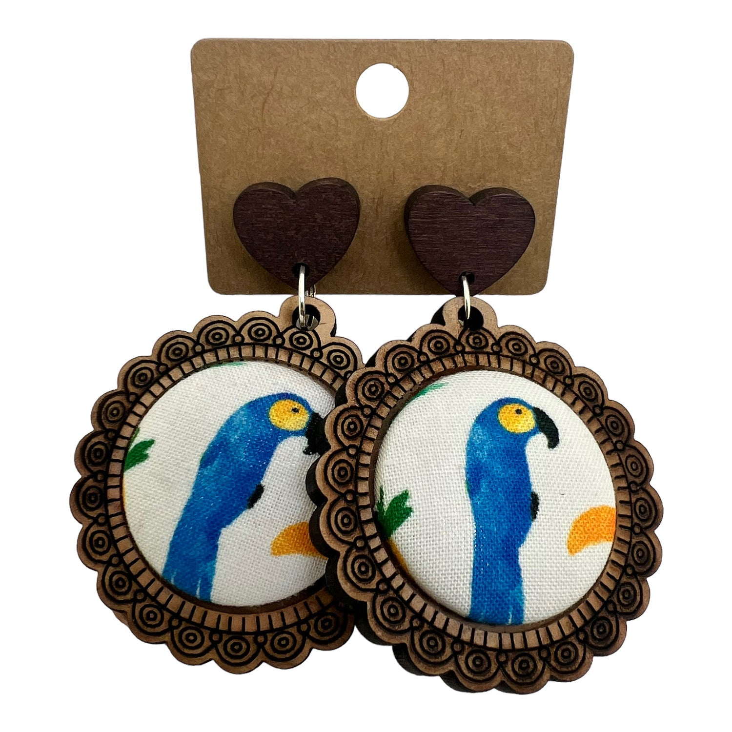Blue Parrot Wood & Fabric Button Earrings