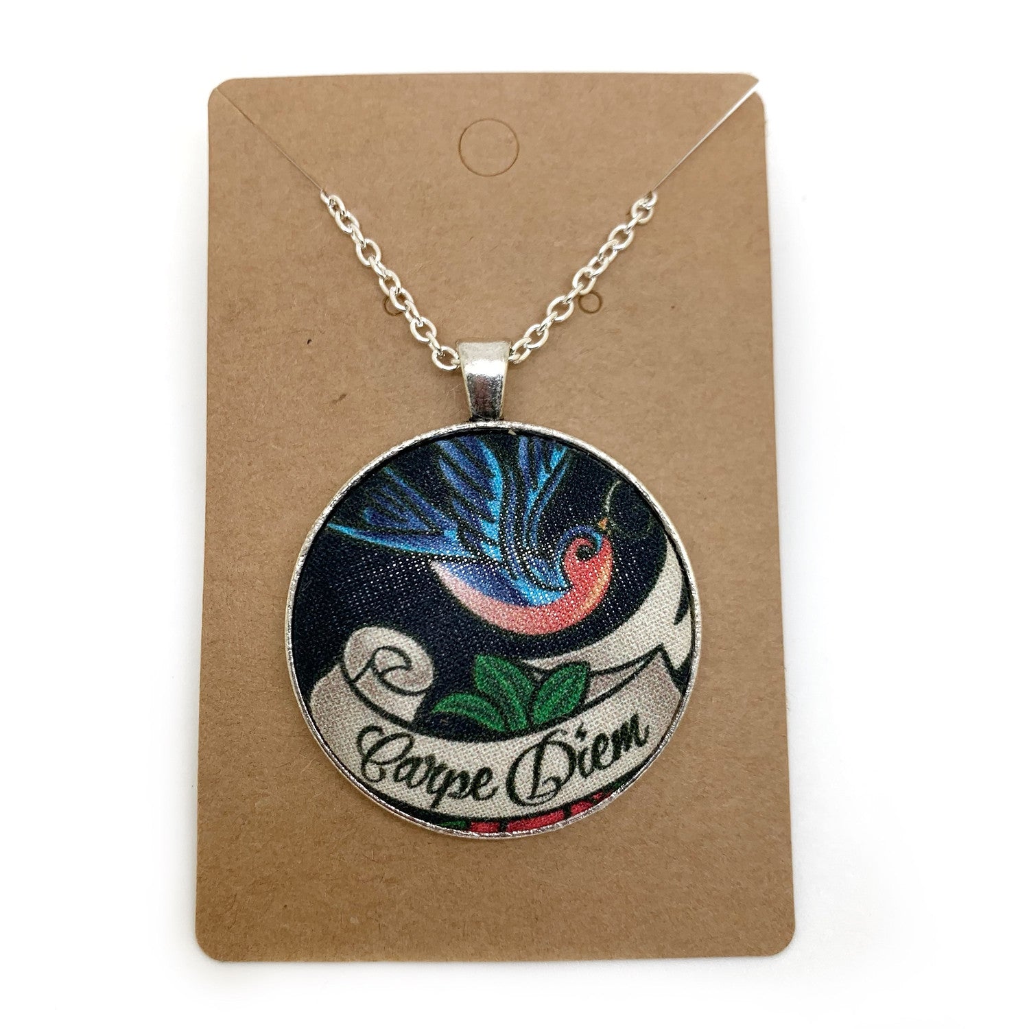 Rockabilly swallows fabric button necklace — Rebel Aura handmade jewellery