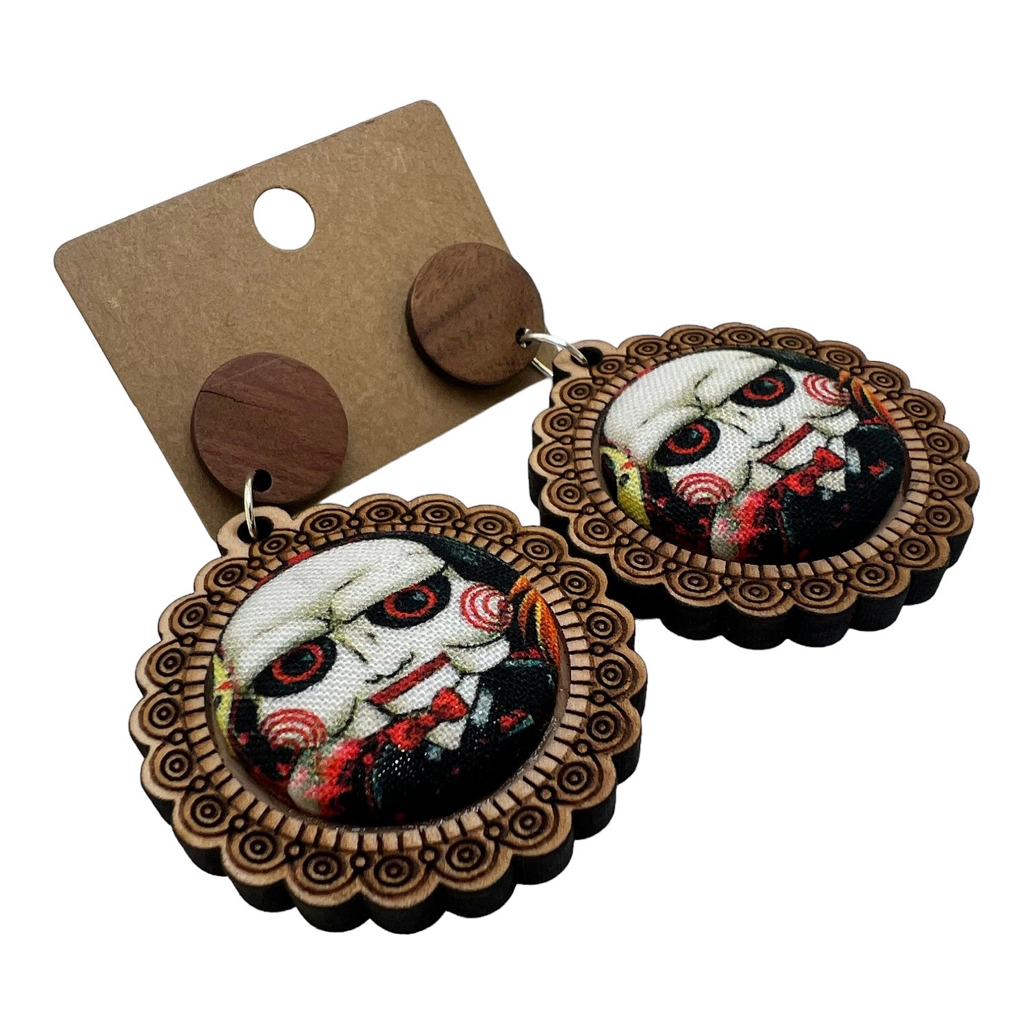 Billy Saw Horror Wood & Fabric Button Earrings