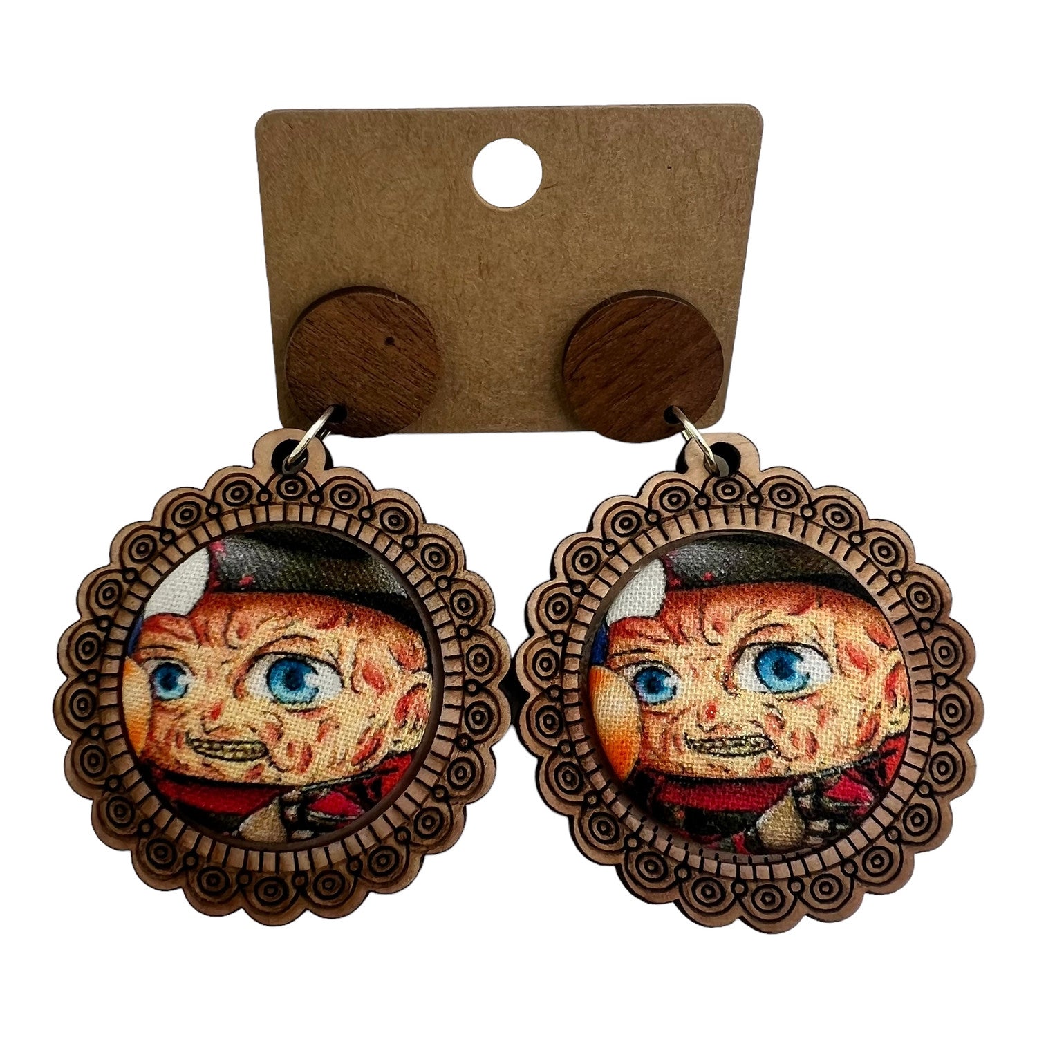 Freddy Krueger Horror Wood & Fabric Button Earrings
