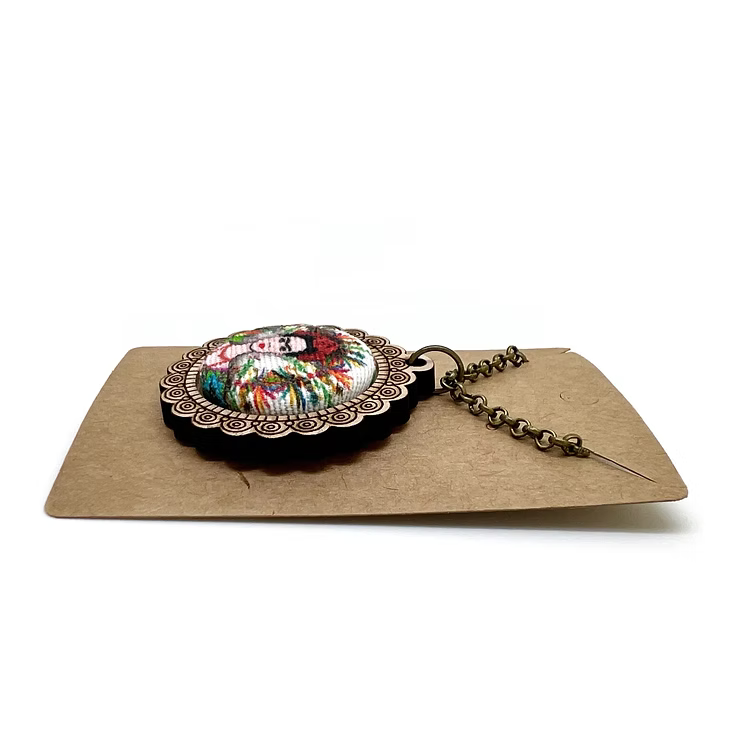 Frieda Kahlo White Background - Wood Frame Necklace