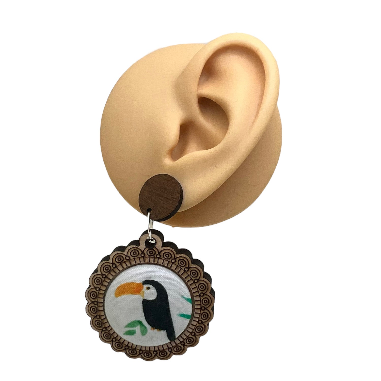 Toucan Wood & Fabric Button Earrings