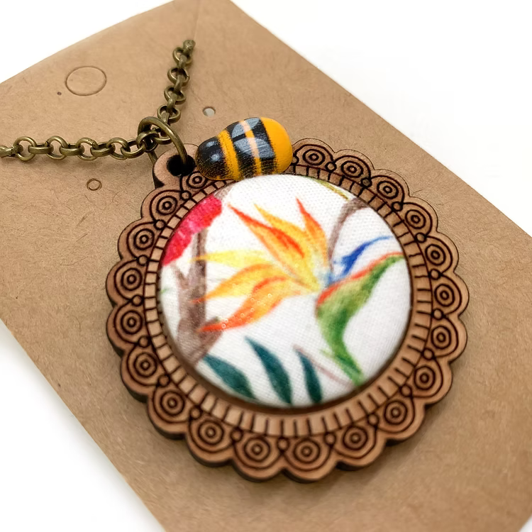 Bird of paradise bee wood frame necklace — Rebel Aura handmade jewellery