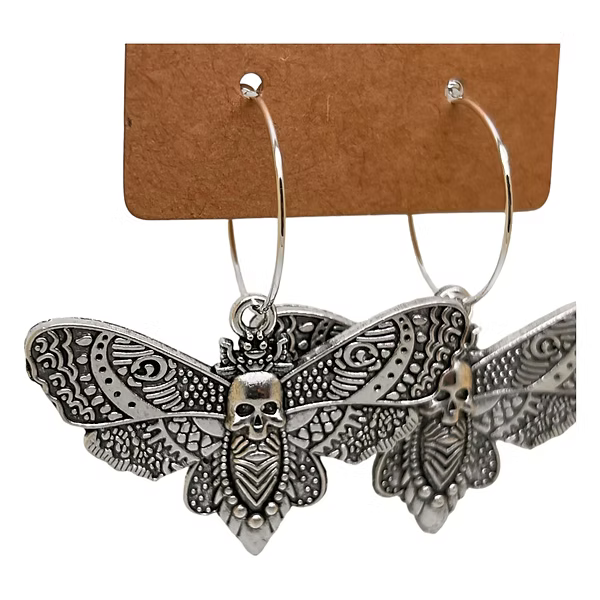 Large Silver Death Moth Hoop Earrings