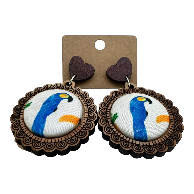 Blue Parrot Wood & Fabric Button Earrings