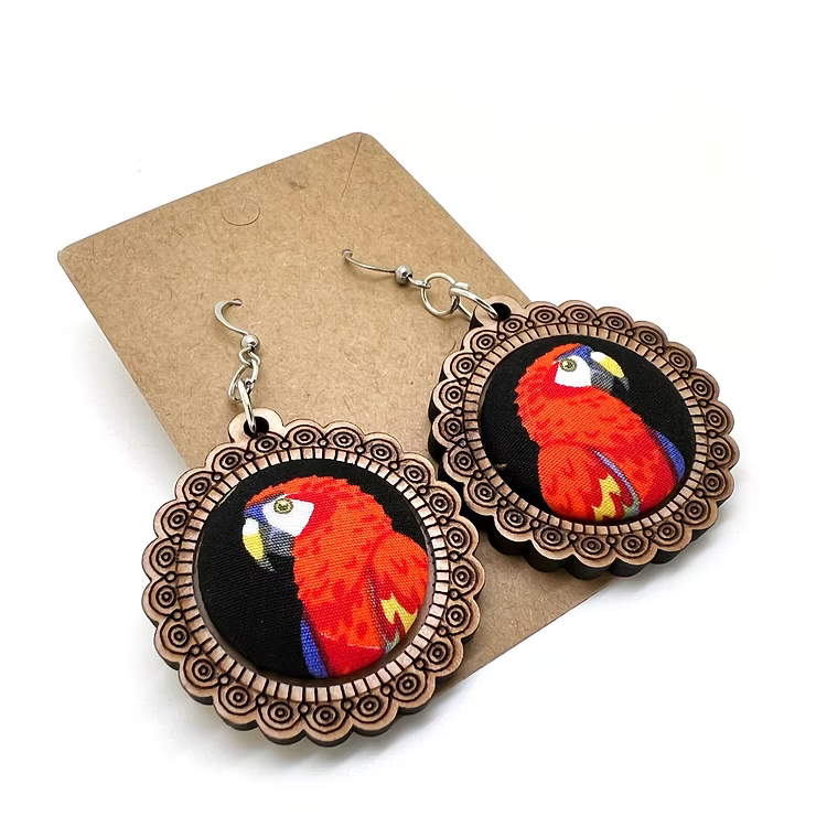 Red Parrot Wood & Fabric Button Hook Earrings