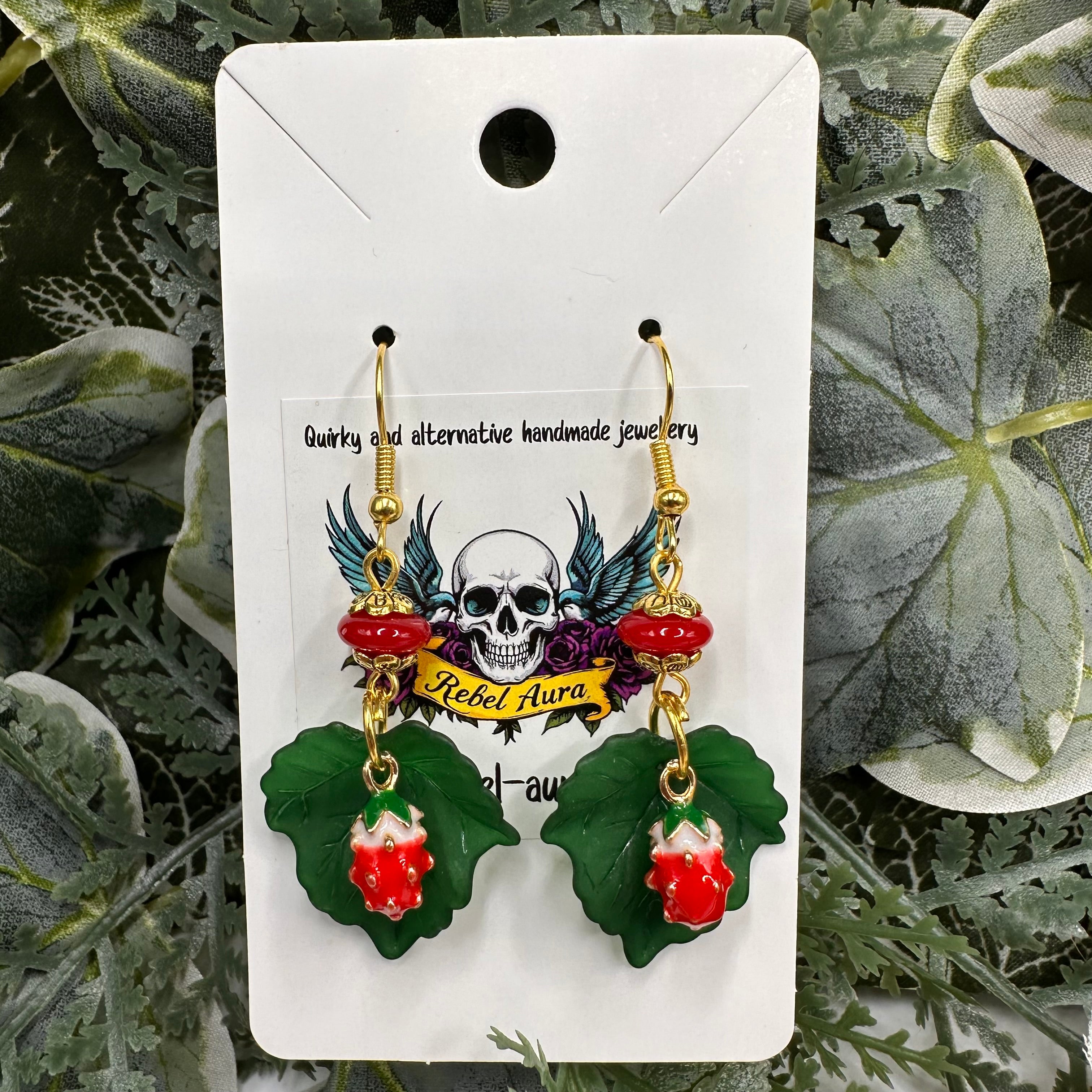 Strawberry & Green Leaf Beaded Charm Earrings