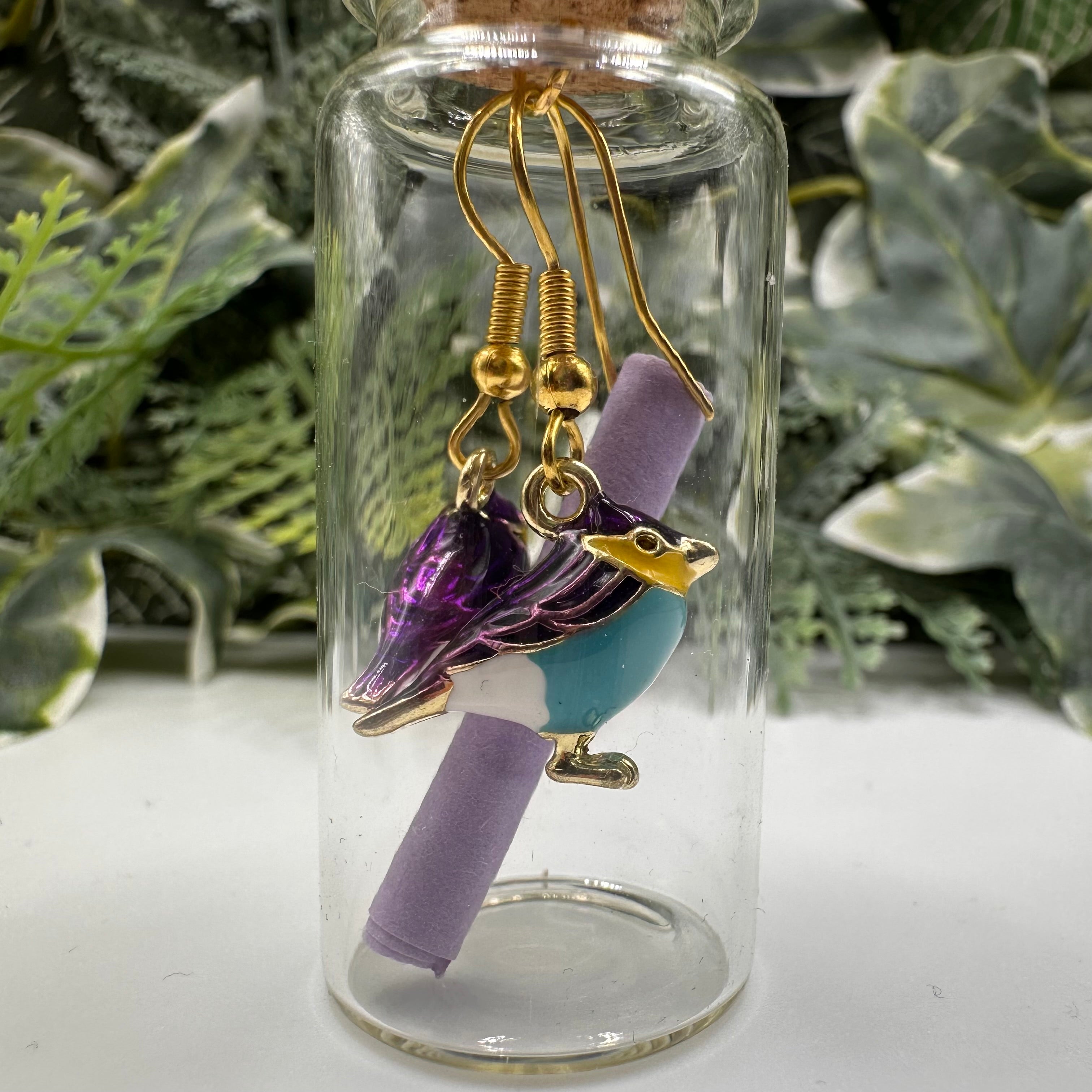 Purple Bird Bottled Charm Earrings - Gift Boxed