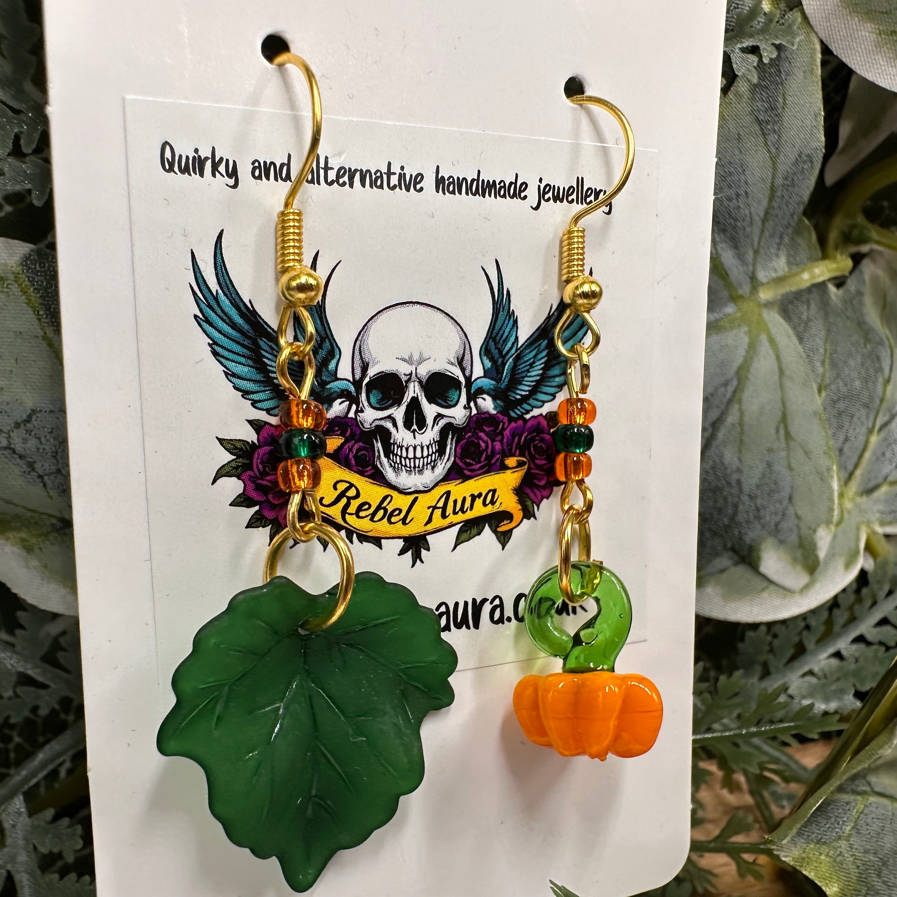 Glass Pumpkin & Green Leaf Beaded Charm Earrings