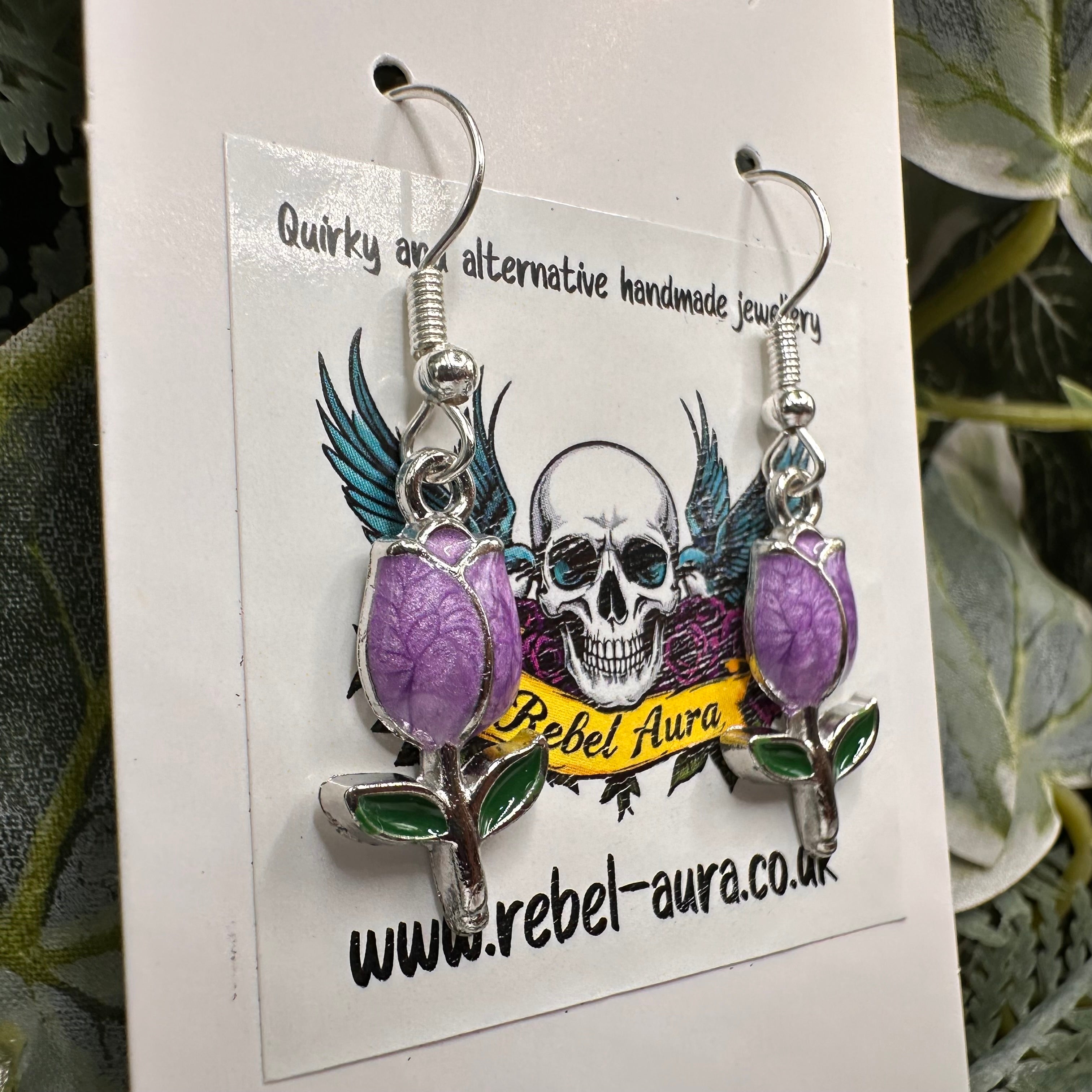 Purple & Silver Rose Charm Earrings