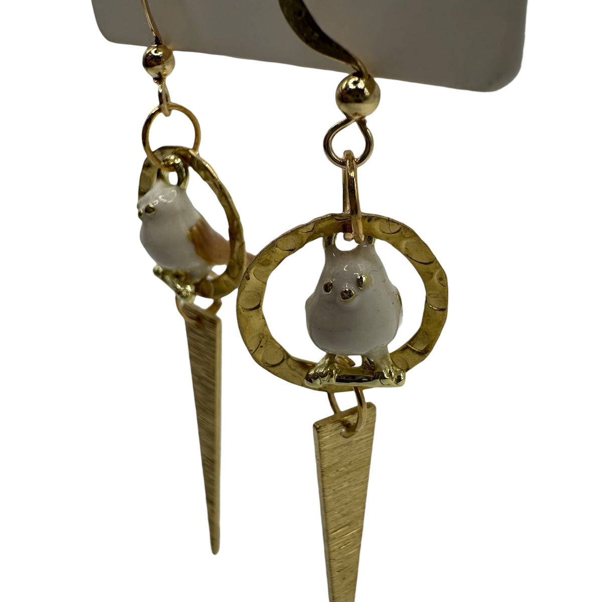 Garden Sentinel Pigeon Earrings – champagne gold-tone pigeon and dagger drop earrings